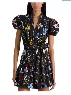 Alice+Olivia Cora Mini Floral Shirtdress in Twisting Vines Black Size L